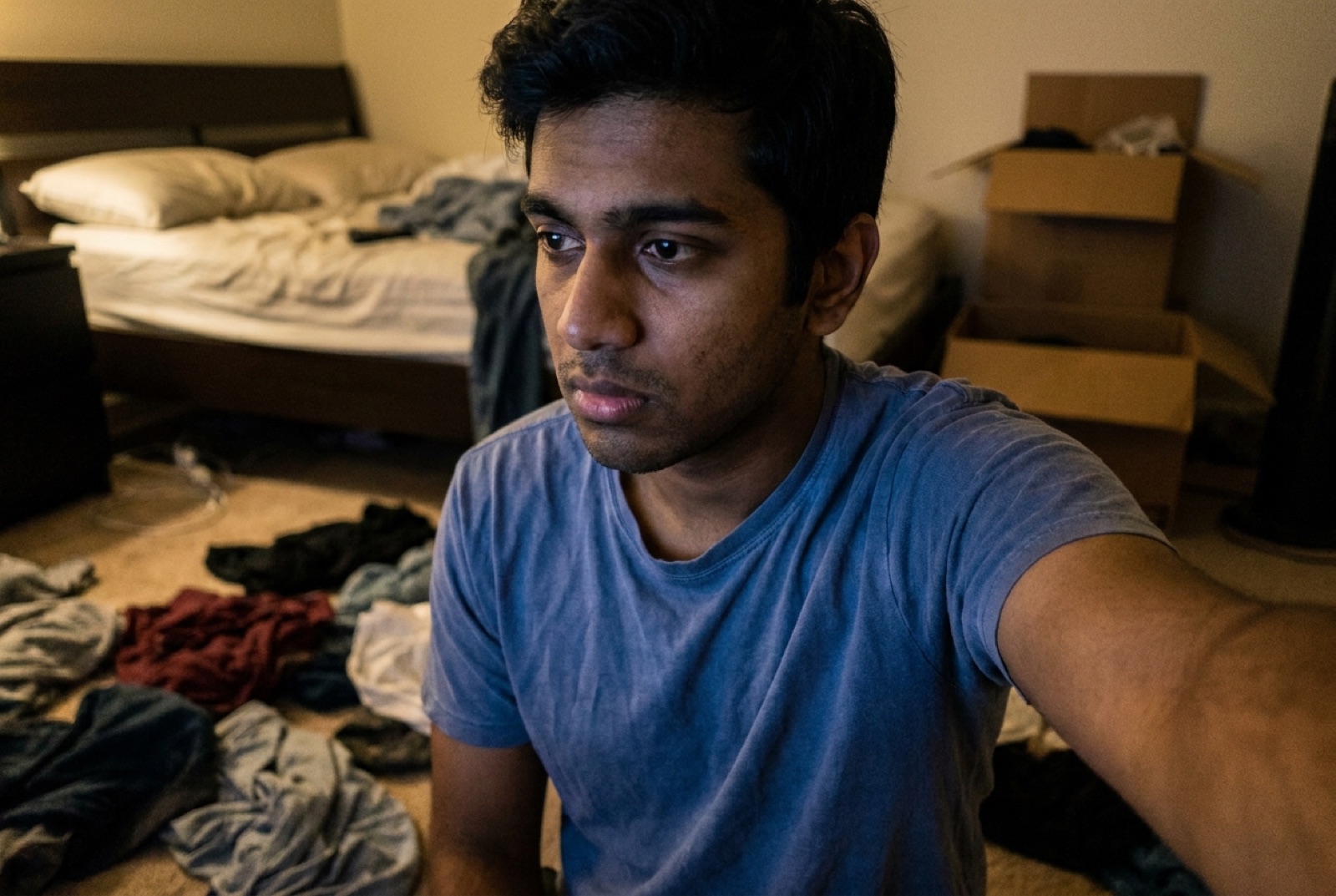 A dim, cluttered smartphone selfie taken in a messy bedroom — an example of a photo that fails matrimony profile standards