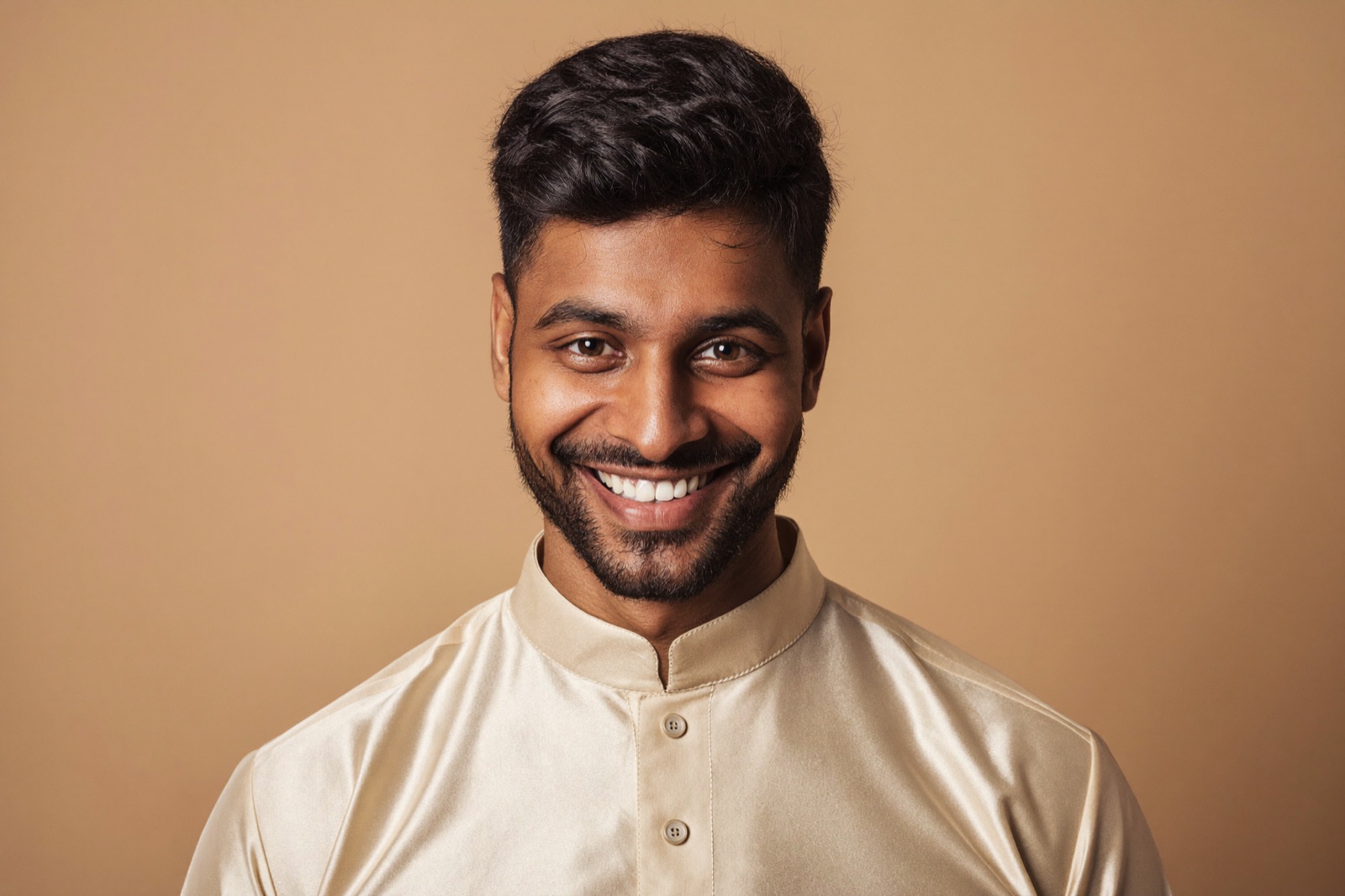 A studio-style portrait of a man in a traditional cream kurta against a warm background — an ethnic-wear version generated from a selfie